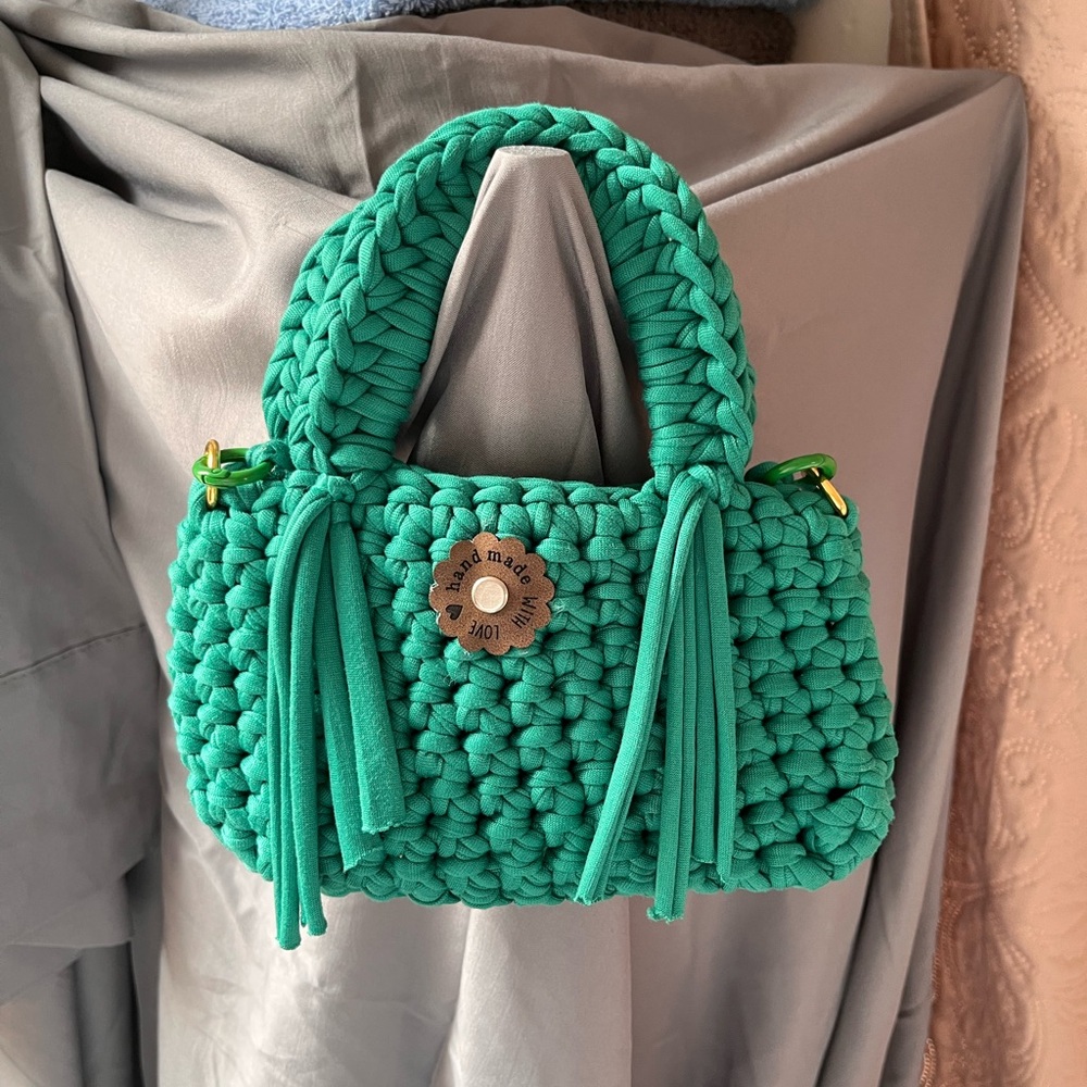 Green Mini Bag with Textured Weave and Fringe
